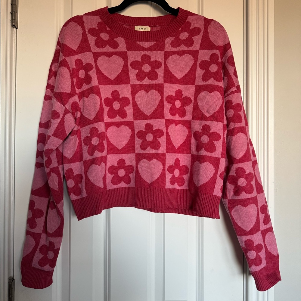Red and Pink Heart and Flower patterned Sweater